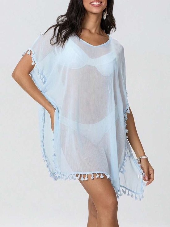 None Other - Sheer Baby Blue Tassel-Trim Swim Cover-Up